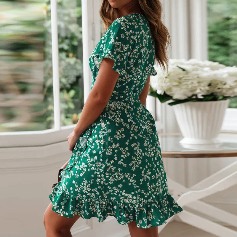 Boho Floral Print V-Neck Mini Dress